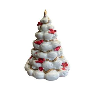 Vintage White Ceramic Christmas Tree Red Cardinals Gold Accents